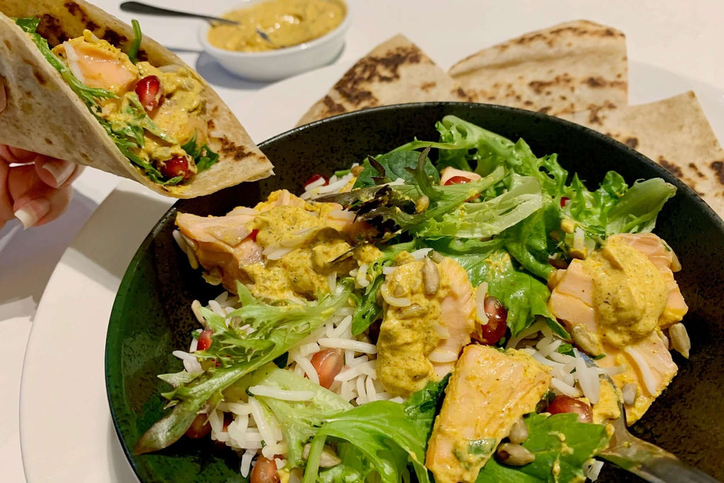 Salmon salad with greens harissa yogurt marinade