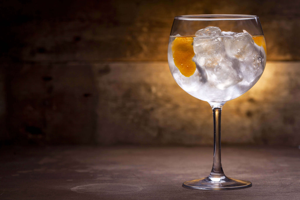 A refreshing gin cocktail with ice and Meyer lemon slices in a stylish glass.