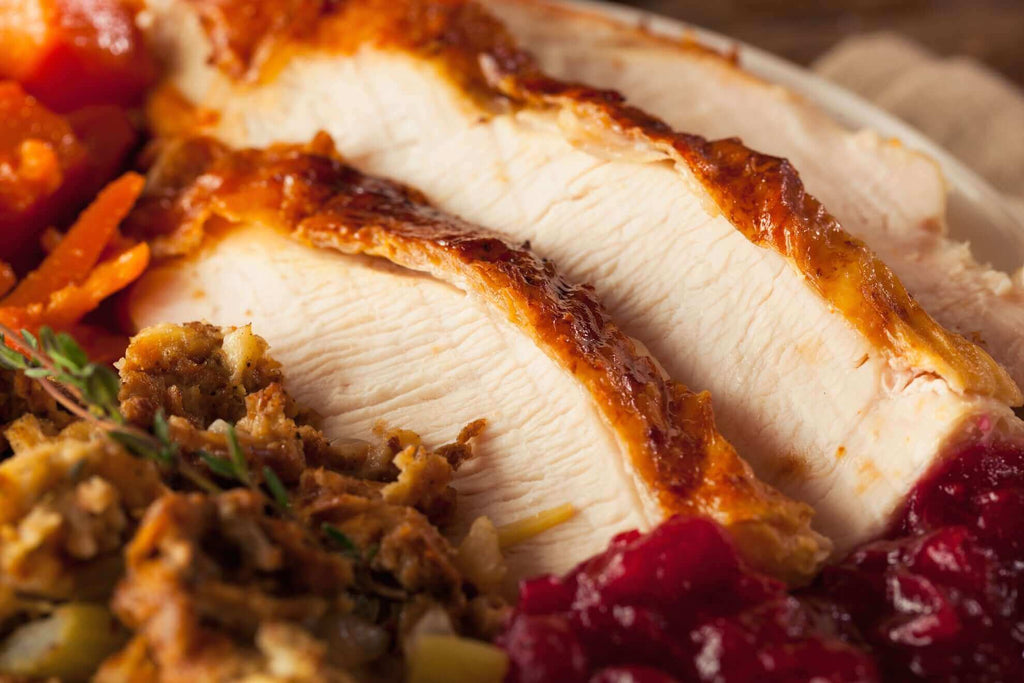 Sliced turkey breast with crispy skin, served with stuffing, cranberry sauce, and carrots on a plate.