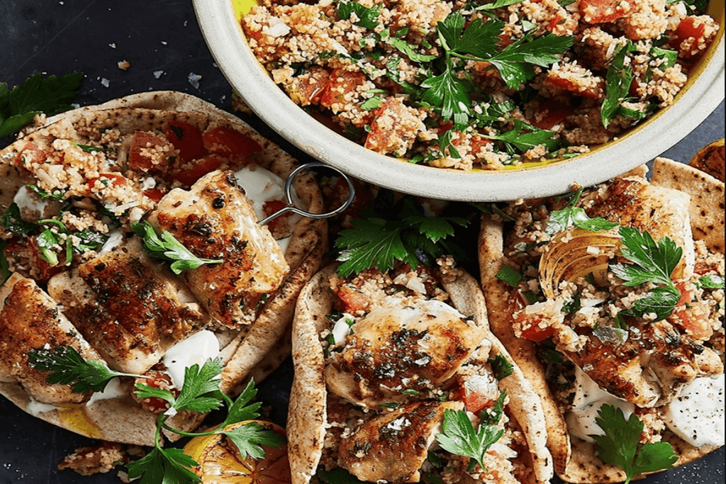Barbecue Chicken with Taboulleh, Pita, Preserved Lemon